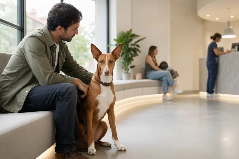 Ein Podenco Malagueño sitzt ruhig neben seinem Besitzer im hellen Wartezimmer einer modernen Tierarztpraxis.